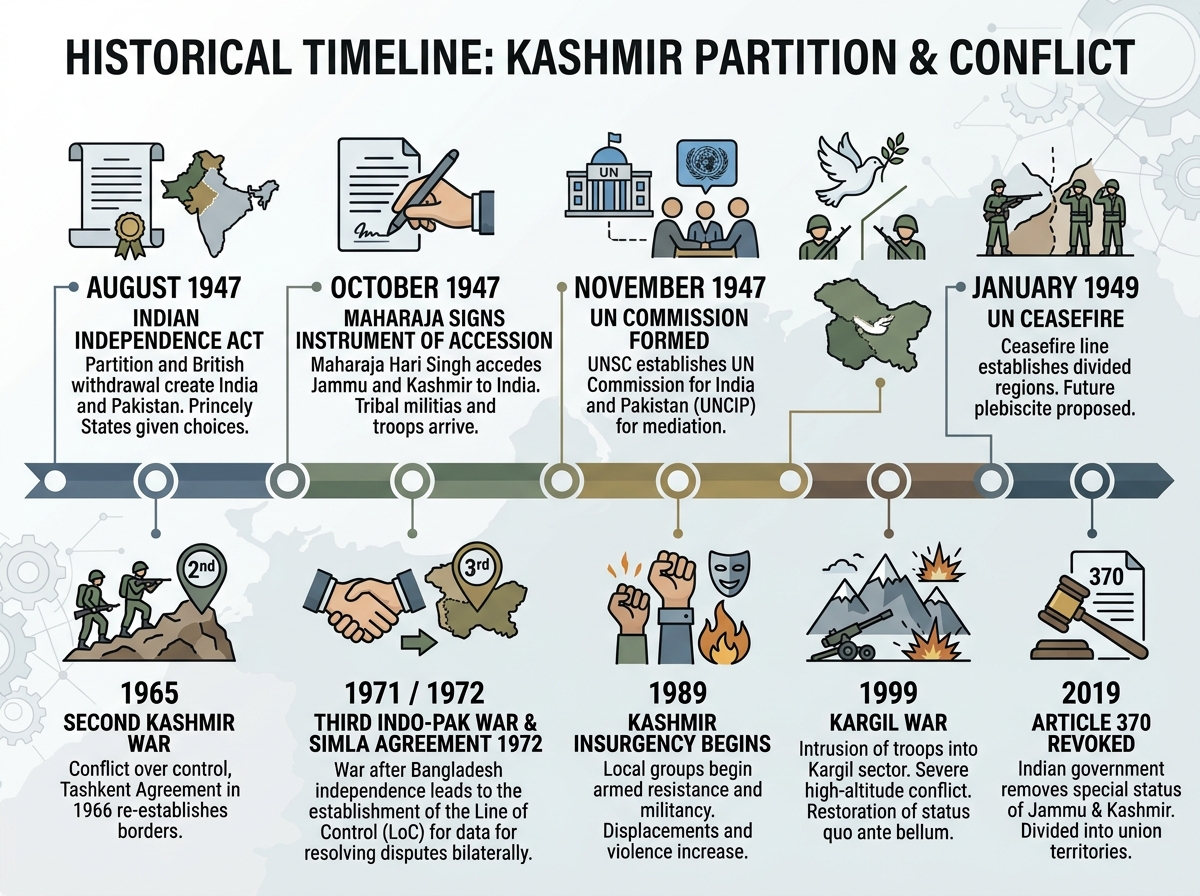 Historical timeline of the Kashmir partition and conflict, from Indian independence in 1947 to the revocation of Article 370 in 2019. An infographic illustrating the major turning points in the Kashmir dispute.