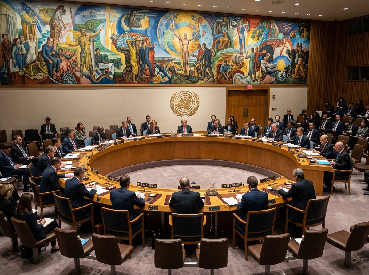 The UN Security Council chamber. The Kashmir issue has been debated multiple times in the Security Council, beginning with Resolution 47 in 1948. The Council called for a plebiscite to determine Kashmir's future, but one has never been held.