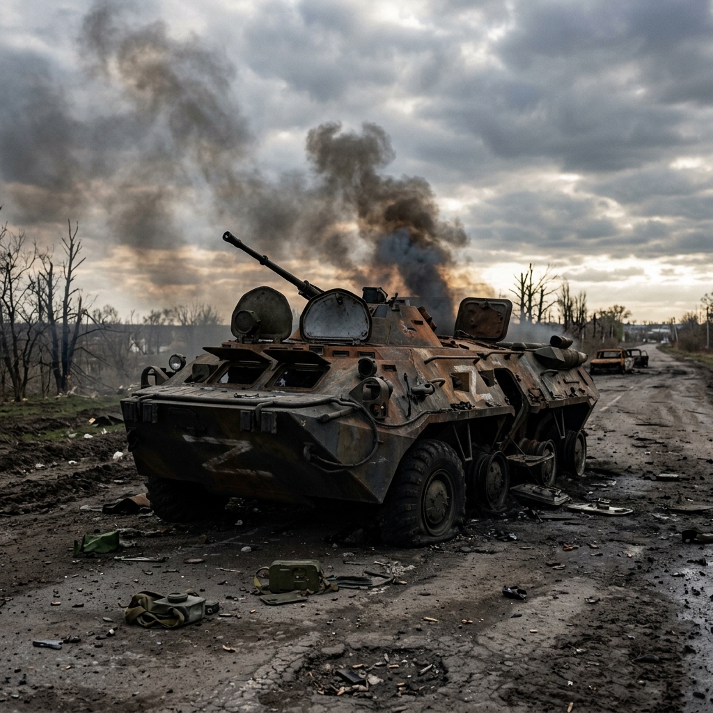 A destroyed Russian armored personnel carrier (BTR) on a road in Ukraine (Demo Image)